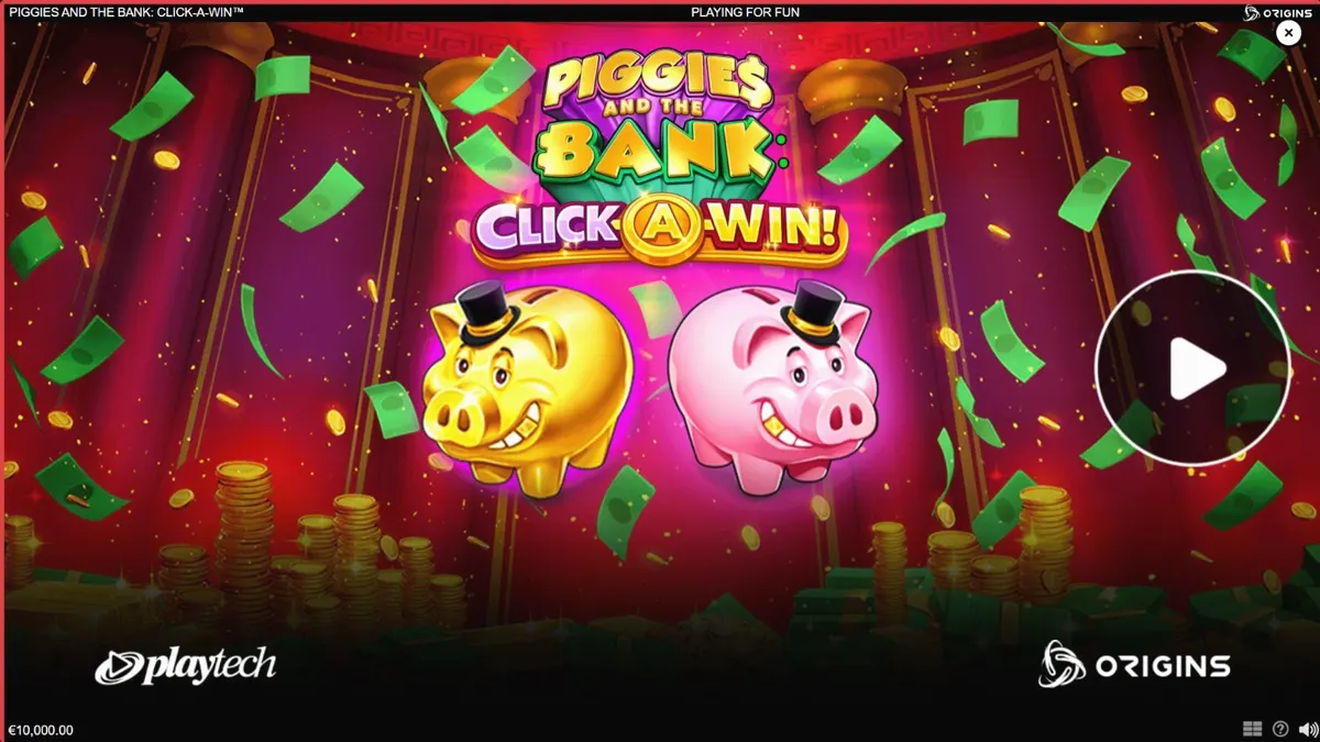 Piggies and the Bank: Click-A-Win slot interface dengan tema babi kaya dan koin emas