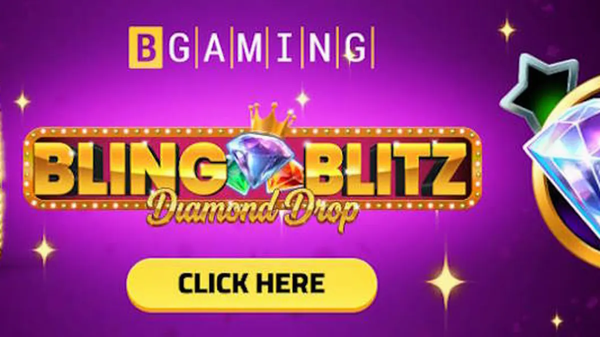 Tampilan visual slot Bling Blitz Diamond Drop dengan latar belakang gelap dan simbol berlian yang berkilau.