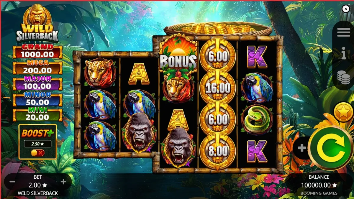 Pemandangan hutan lebat dan gorila dalam slot Wild Silverback